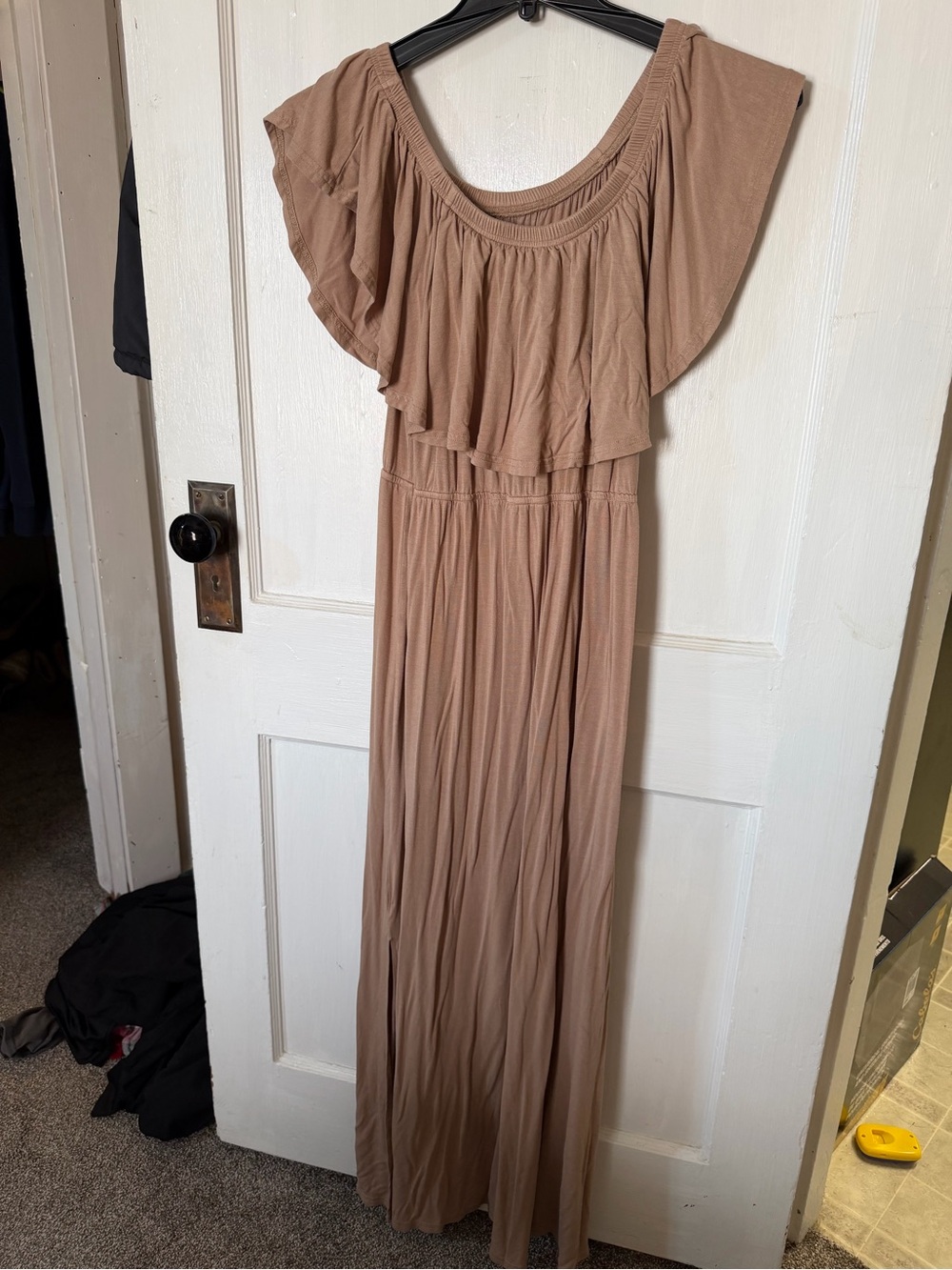 Women's Off-Shoulder Ruffle Maxi Dress in Taupe